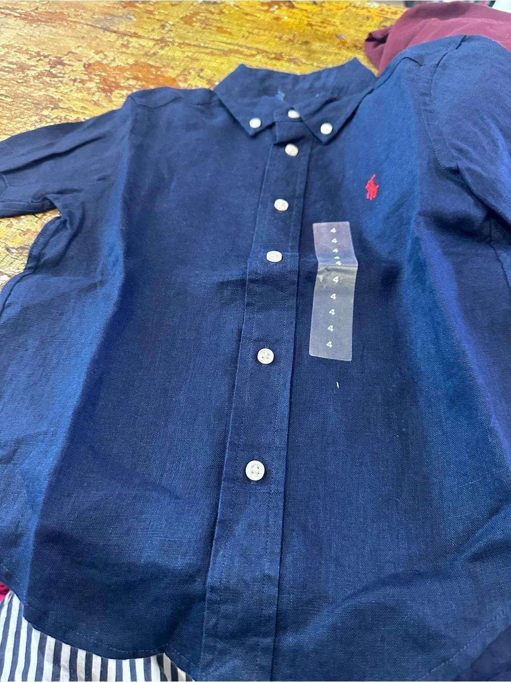 Ralph Lauren Navy Button-Down Shirt with Red Pony Logo kids